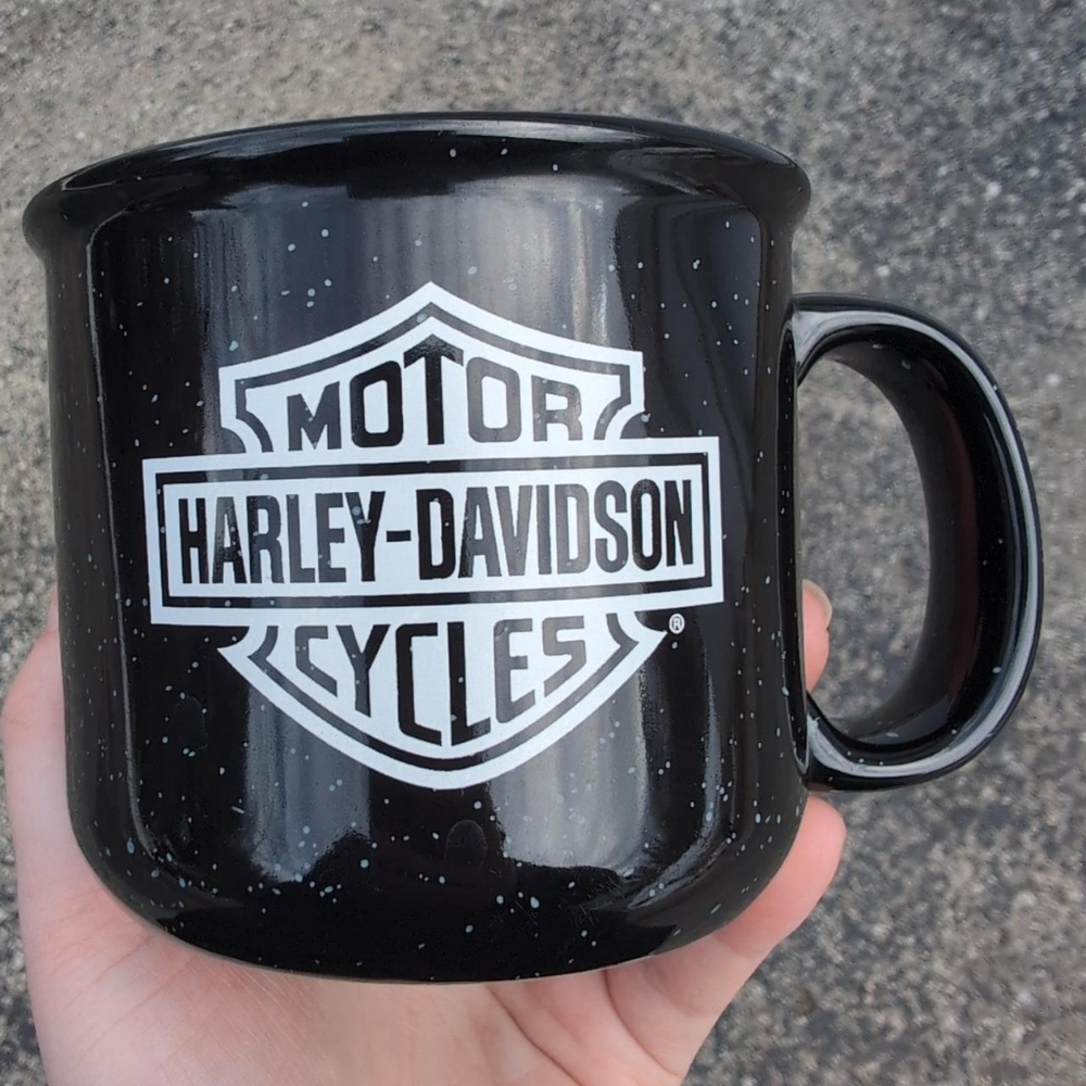 🔥5/$25 Black & White Harley Davidson speckled mug Like new